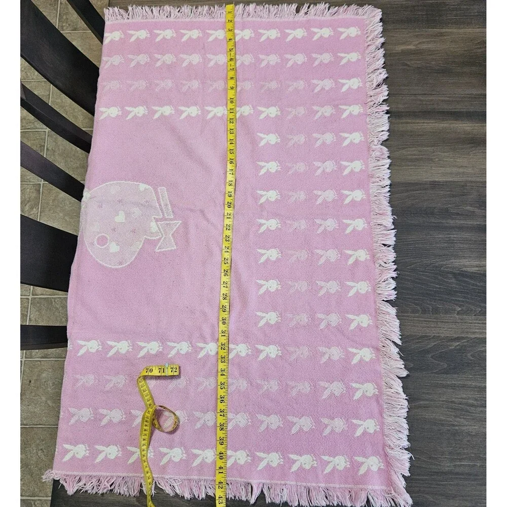Vintage 2004 Playboy Bunny Reversible Throw Blanket Pink Cream Y2K Fringe